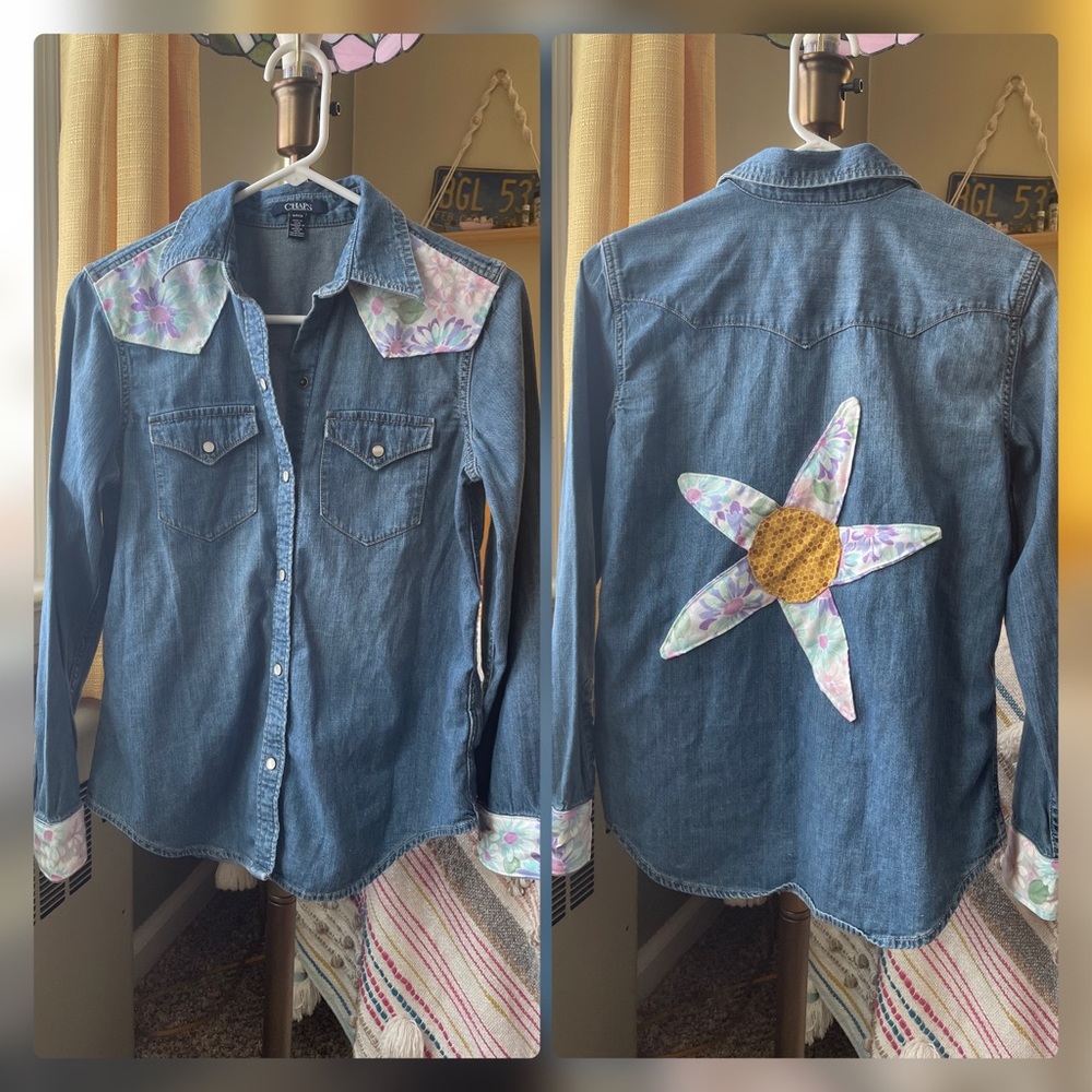 Chaps Flower Patchwork Pearl Snap Button Down - image 1